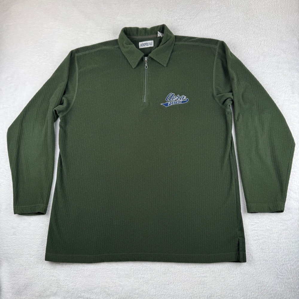 Aeropostale Quarter Zip Pullover Mens Medium Green Ribbed Fleece Vintage Logo